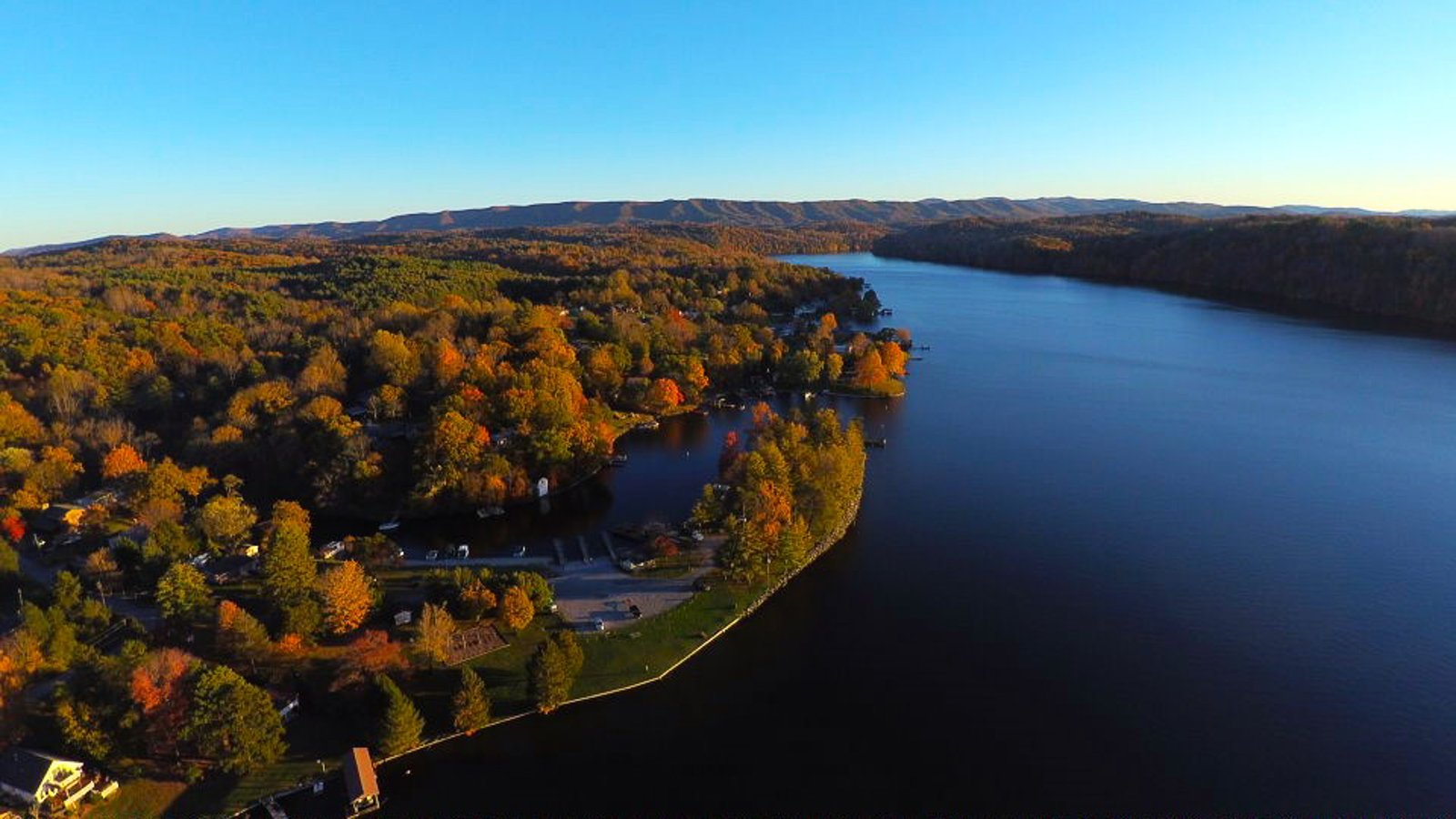 Aerial view of Claytor Lake, Virginia surrounded by mountains and forests